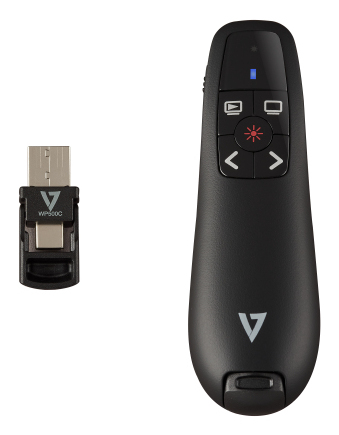 V7 WP500C Wireless Presenter Dual USB-C + USB-A - 2.40 GHz RF - Black - Red Laser Pointer - 5 Button(s) - Wireless - Radio Frequency - USB - Storable USB Receiver slot