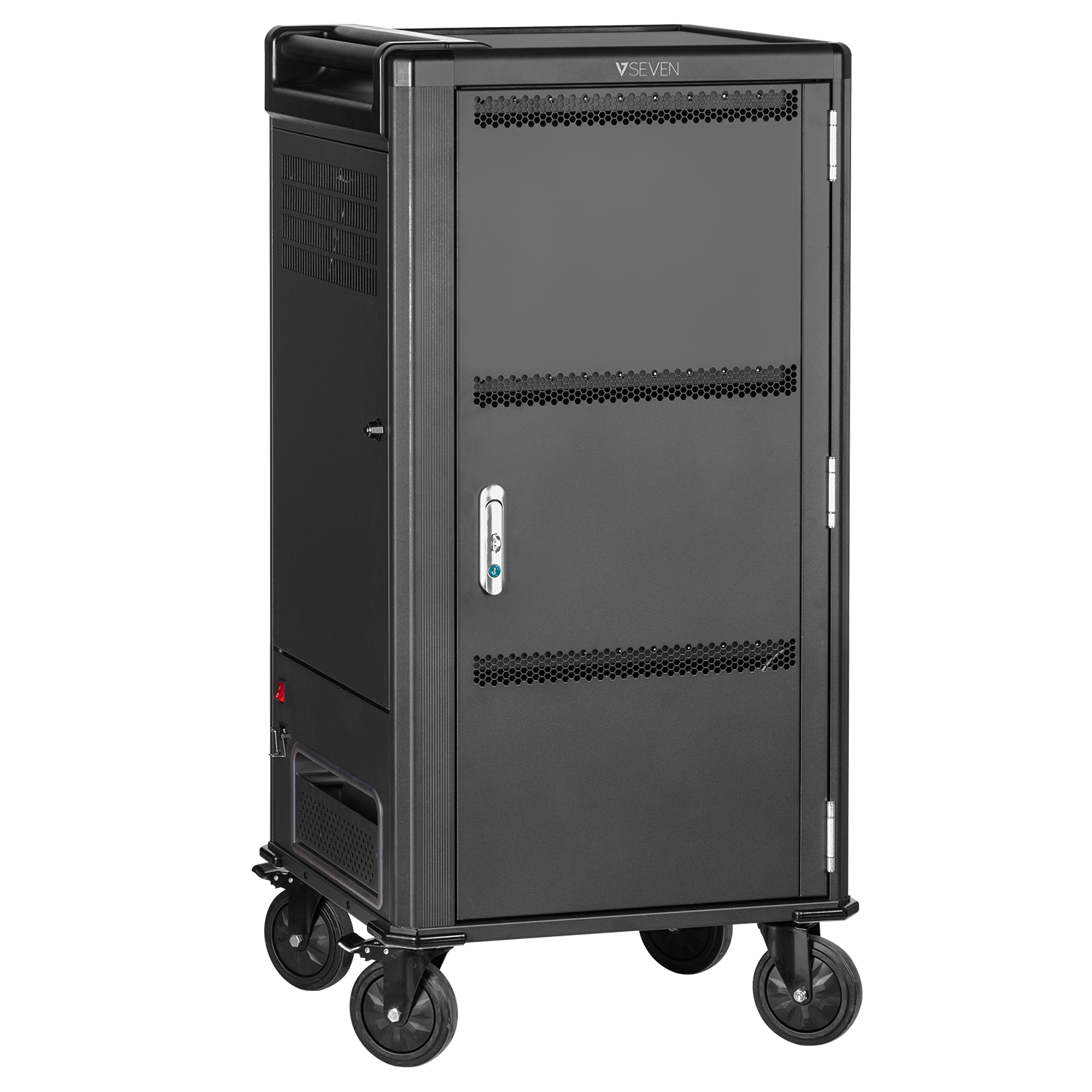 V7 30 Devices USB-C PD Prewired EU Charge Cart Secure, Store and Charge Chromebooks, Notebooks and Tablets. Padded shelves with durable dividers, rubber casters, IEC 62368-1 Certified