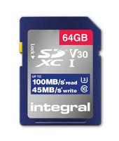Integral 64GB SD MEMORY CARD SDXC UHS-1 U3 CL10 V30 UP TO R-100 MBS