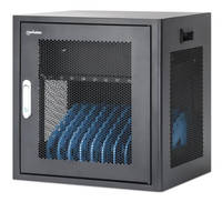 Manhattan Laptop Charging Cabinet Desktop via AC Adapter (UK) 10-bay, Install device's AC Adapter (power cables) into unit, Suitable for ALL laptops (to 16"), iPads, MacBooks, Chromebooks, other portable devices, Bays 380x30x280mm, Cart, Lockable