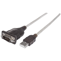 Manhattan USB-A to Serial Converter cable, 45cm, Male to Male, Serial/RS232/COM/DB9, Prolific PL-2303RA Chip, Black/Silver cable, Three Year Warranty, Equivalent to ICUSB232V2.