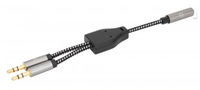 Manhattan Headset Adapter Cable with Stereo Audio Y-Splitter, 3.5mm, Aux, 15cm, Female/2x Male, Splits Single Headset Plug into Microphone and Audio Plugs, Slim Design, Black/Silver, Gold plated contacts and pure oxygen-free copper wire, Lifetime Warranty