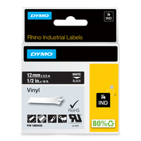 DYMO Rhino Industrial Vinyl Labels | 12 mm x 5.5 m | White Print on Black | Self-Adhesive | for LabelManager & Rhino Label Makers
