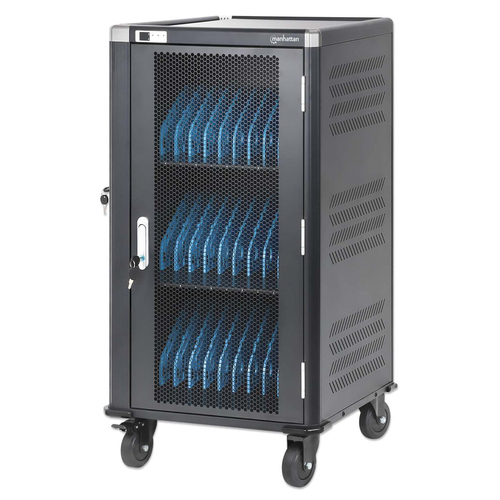 Manhattan Laptop Charging Cart/Trolley via AC Adapter (UK) 30-bay, Install device's AC Adapter (power cables) into unit, Suitable for ALL laptops (to 15.6"), iPads, MacBooks, Chromebooks, other portable devices, Bays 380x30x280mm, Cabinet, Lockable