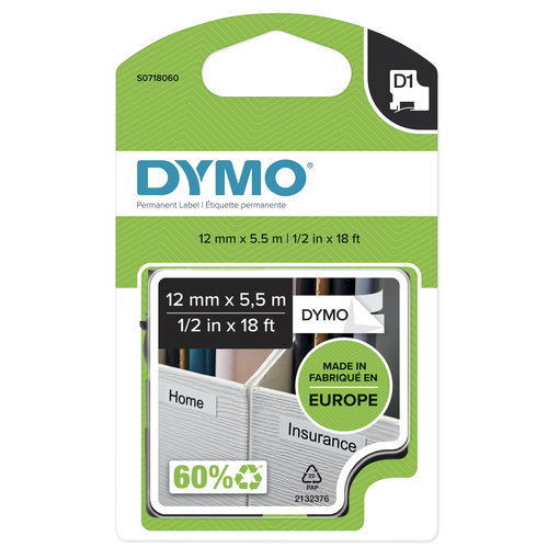 DYMO D1 High-Performance Permanent Polyester Labels | 12 mm x 5.5m Roll | Black Print on White | Self-Adhesive Labels for LabelManager Label Printers | Authentic