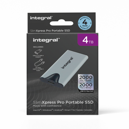 Integral SlimXpress Pro 4TB PORTABLE EXTERNAL SSD USB-C 3.2 GEN.2X2 SILVER R-2000MBs W-2000MBs USB-C to C CABLE USB-C TO A ADAPTER