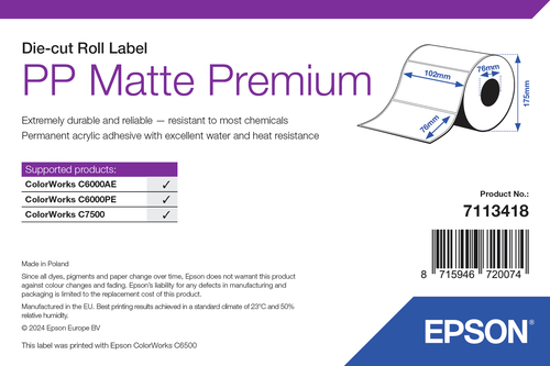 Epson PP Matte Label Premium, Die-cut Roll, 102mm x 76mm, 1570 Labels