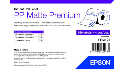 Epson PP Matte Label Premium, Die-cut Roll, 76mm x 127mm, 960 Labels