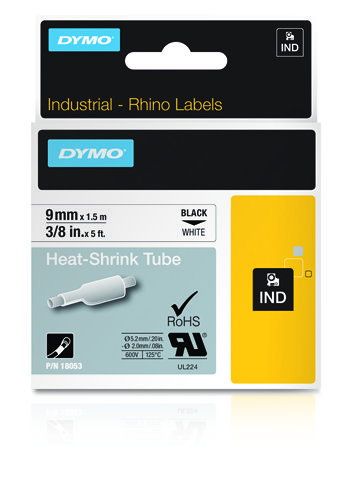 DYMO IND Heat-Shrink Tube Labels - 9mm x 1,5m - Black on White