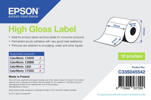 Epson High Gloss Label - Die-cut Roll: 76mm x 51mm, 610 labels
