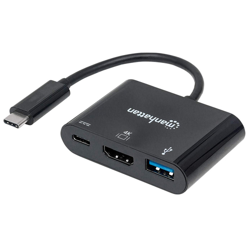 Manhattan USB-C 3-Port Hub/Dock/Converter, USB-C to HDMI, USB-C (including Power Delivery) and USB-A Ports, 5 Gbps (USB 3.2 Gen1 aka USB 3.0), HDMI 4K video: 1080p@60Hz or 3840x2160p@30Hz, Male to Females, Cable 8cm, Black, Bilster