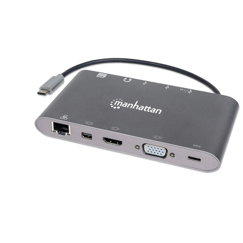 Manhattan USB-C 9-Port Hub/Dock/Converter, USB-C to HDMI, USB-C(inc PD), Mini DisplayPort, VGA, 3x USB-A, Gigabit RJ45 and 3.5mm Audio with SD Card Reader, 5 Gbps (USB 3.2 Gen 1); HDMI Ultra HD,1080p@60Hz or 3840x2160p@30Hz(4K), VGA HD 1080p video; Male t