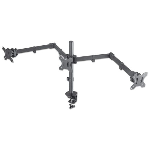 Manhattan Triple Desk Mount for TV & Monitors, For screens: 10" to 27", Clamp Assembly, VESA compatability: 75x75 and 100x100mm - check the dimensions of the four mounting holes on back of screen to ensure it fits, Max 7kg (each), Black, Bracket, Lifetime Warranty