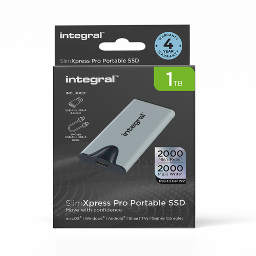 Integral SlimXpress Pro 1TB PORTABLE EXTERNAL SSD USB-C 3.2 GEN.2X2 SILVER R-2000MBs W-2000MBs USB-C to C CABLE USB-C TO A ADAPTER