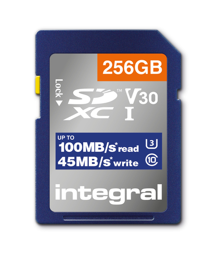 Integral 256GB SD MEMORY CARD SDXC UHS-1 U3 CL10 V30 UP TO R-100 MBS