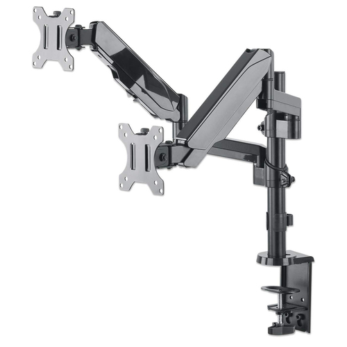 Manhattan Dual Desk Mount for TV & Monitors (Full Motion Gas Spring), For screens 10" to 27", Clamp or Grommet Assembly, VESA compatability: 75x75 and 100x100mm - check the dimensions of the four mounting holes on back of screen to ensure it fits, Max 8kg (each)