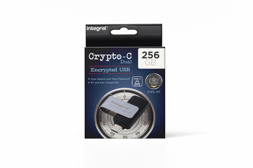 Integral 256GB HARDWARE ENCRYPTED USB-C 3.2 GEN1 DRIVE (USB3.1 USB3.0) SECURE DUAL PASSWORD ADMIN/USER 256BIT AES CRYPTO-C FIPS 197