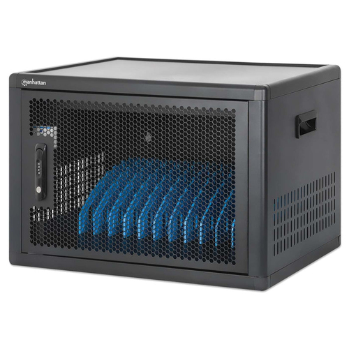 Manhattan Laptop Charging Cabinet Desktop (or trolley) via USB-C 65W 15.6" 12-bay, Suitable for USB-C laptops (to 15.6"), iPads, MacBooks, Chromebooks, other USB-C devices, Bays 395x32.5x290mm, USB-C charging cables included,Cart, UK & EU