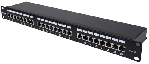 Intellinet Patch Panel, Cat6a, FTP, 24-Port, 1U, Shielded, 90° Top-Entry Punch Down Blocks, Black