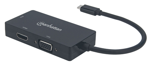 Manhattan USB-C Dock/Hub, Ports (x3): DVI-I, HDMI and VGA Ports, Note: Only One Port can be used at a time, External Power Supply Not Needed, Cable 10cm, Black, Three Year Warranty, Blister