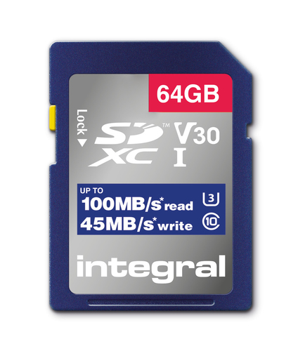 Integral INSDX64G-100V30 64GB SD CARD SDXC UHS-1 U3 CL10 V30 UP TO 100MBS READ 45MBS WRITE UHS-I