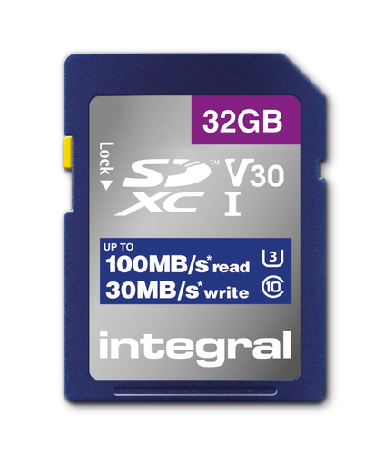 Integral INSDH32G-100V30 32GB SD CARD SDHC UHS-1 U3 CL10 V30 UP TO 100MBS READ 30MBS WRITE UHS-I