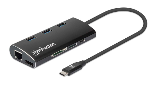 Manhattan USB-C Dock/Hub with Card Reader, Ports (x6): Ethernet, HDMI, USB-A (x3) and USB-C, With Power Delivery (100W) to USB-C Port (Note additional USB-C wall charger and USB-C cable needed), Equivalent to DKT30CSDHPD3, Aluminium, Black, 3 Year Warranty