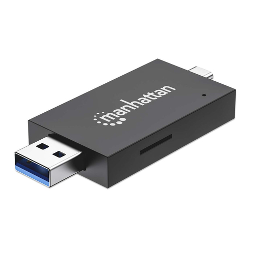 Manhattan USB-A / USB-C combo Multi-Card Reader/Writer, 5 Gbps (USB 3.2 Gen1 aka USB 3.0), Male to microSD and SD/MMC Slots, Mini Format, SuperSpeed USB, Windows or Mac, Black/Transparent, Three Year Warranty 102735