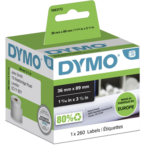 DYMO Authentic LabelWriter Large Address Labels | 36 mm x 89 mm | Roll of 260 | Black Print on White | for LabelWriter Label Makers