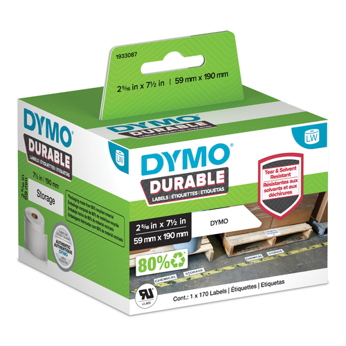 DYMO Authentic LabelWriter Durable Labels | 59mm x 190mm | White Poly | 170 Large Self-Adhesive Labels | High-Performance | For LabelWriter Label Makers