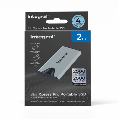 Integral SlimXpress Pro 2TB PORTABLE EXTERNAL SSD USB-C 3.2 GEN.2X2 SILVER R-2000MBs W-2000MBs USB-C to C CABLE USB-C TO A ADAPTER