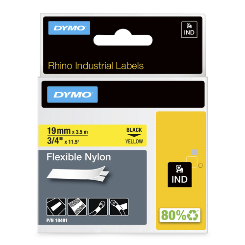 DYMO Rhino Industrial Flexible Nylon Labels | 19 mm x 3.5 m | Black Print on Yellow | Self-Adhesive | for Rhino & LabelManager Label Makers