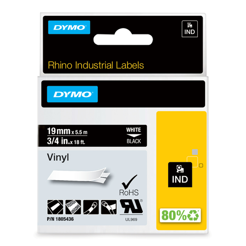 DYMO Rhino Industrial Vinyl Labels | 19 mm x 5.5 m | White Print on Black | Self-Adhesive | for LabelManager & Rhino Label Makers