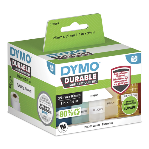 DYMO Authentic LabelWriter Durable Labels | 25mm x 89mm | White Poly | 2 Rolls of 350 (700 Self-Adhesive Labels) | High-Performance | For LabelWriter Label Makers
