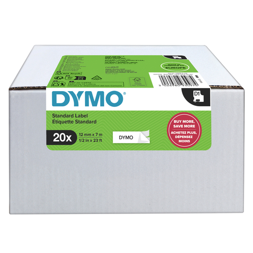 DYMO Authentic D1 Labels | Black Print on White | 12mm x 7m | Self-Adhesive Labels for LabelManager Label Printers | 20 Count