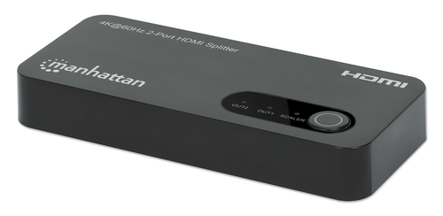 Manhattan 4K@60Hz 2-Port HDMI Splitter Splits One HDMI Input to Two HDMI Outputs (1x2), 18G, Micro-USB input for power, EDID Switch for Downscaling to 1080p, Black, 3 year warranty