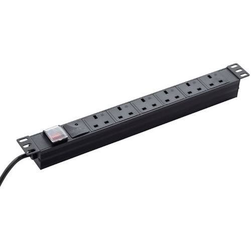connektgear 3m 6 Way Surge Protected Horizontal Rack Mount Power Extension Block UK Plug to 6 x UK Sockets - Black