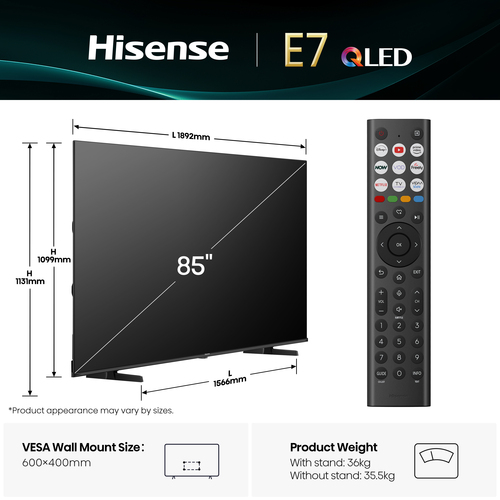 Hisense 85" E7QTUK QLED Smart AI TV with Freely