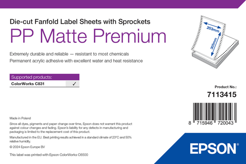 Epson PP Matte Label Premium, Die-cut Fanfold Sheets with Sprockets, 203mm x 305mm, 500 Labels
