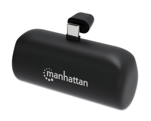 Manhattan Power Bank with integrated USB-C plug, 5000 mAh, Up to 20W output, Kickstand for Use as Charging Phone Holder, Black