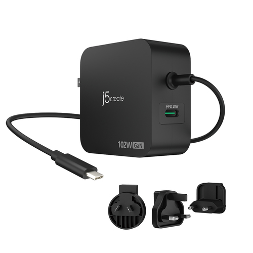 j5create 102W GaN PD USB-C 2-Port Charger with Changeable AC Plugs